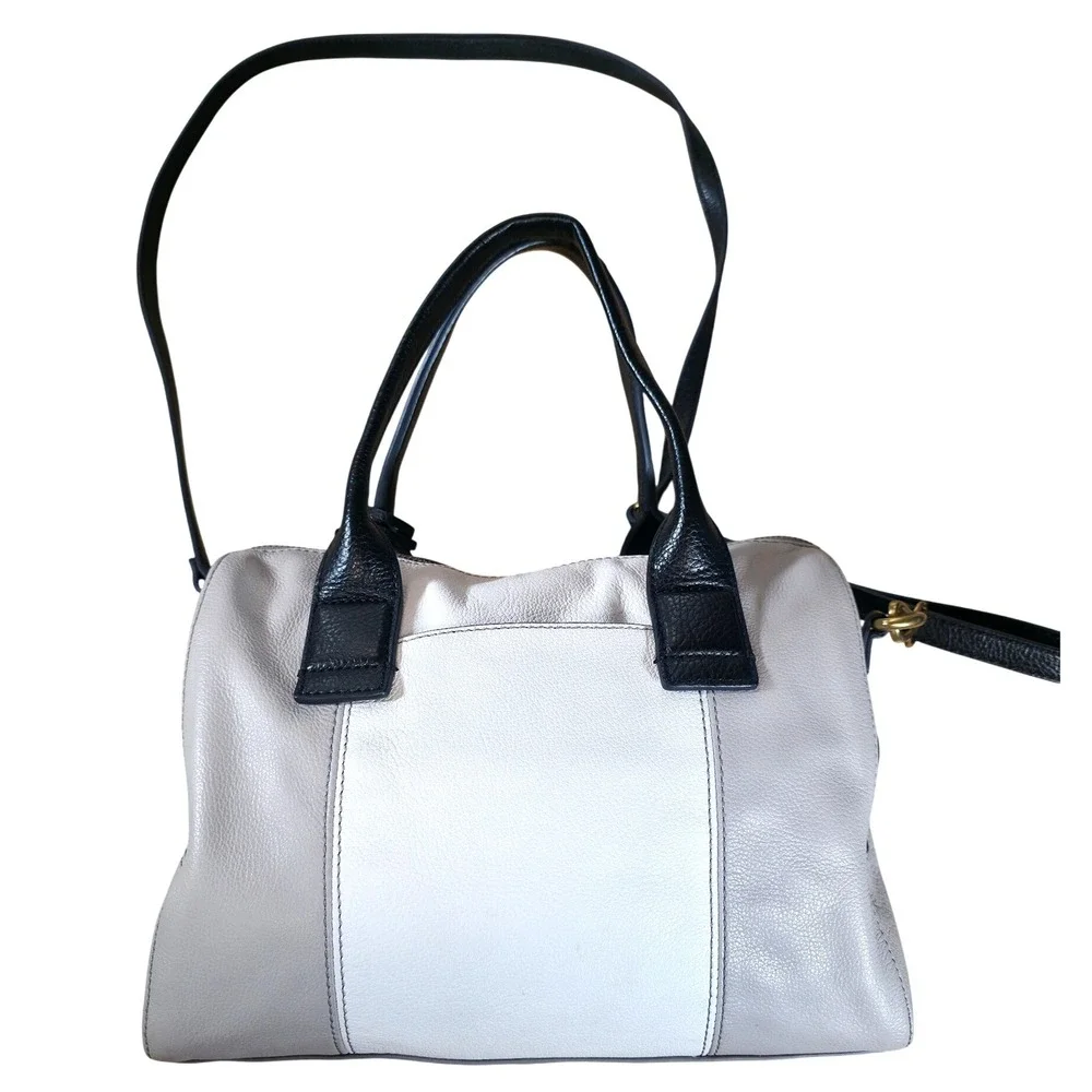 Fossil Jori Large Satchel Purse Gray White Leather Handbag Top Handle Bag w/ Key